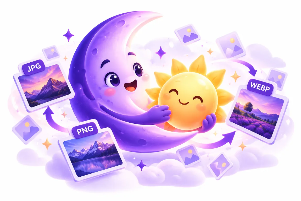 Pixsoluna purple moon and golden sun mascots converting images